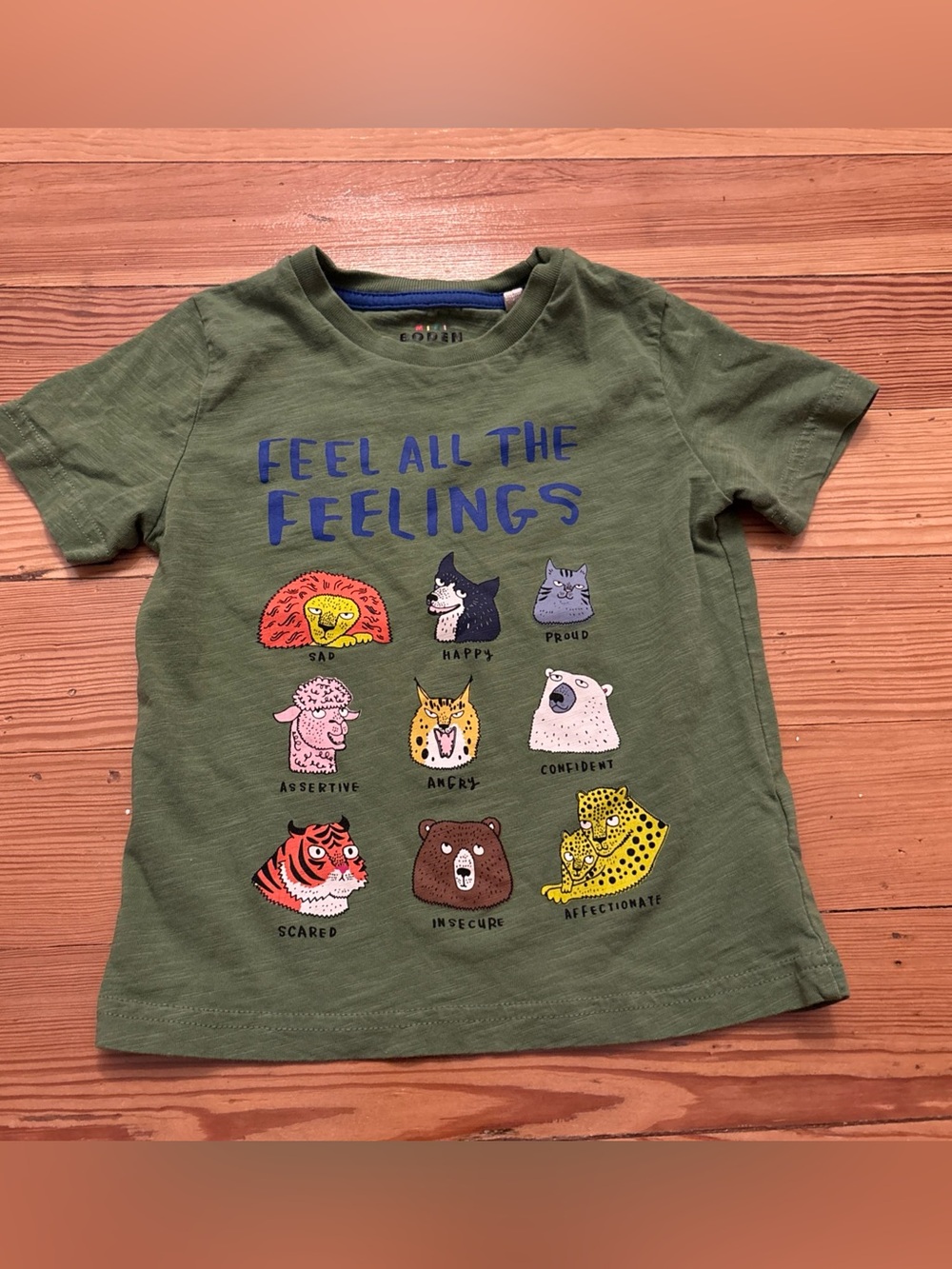 MINI BODEN GREEN SHORT SLEEVE  ANIMALS Feelings T-SHIRT BOYS SIZE 3-4